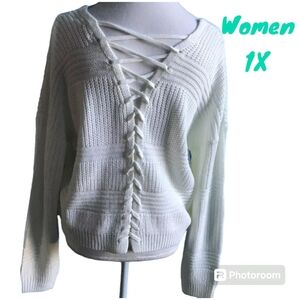 Full Circle Trends Lace Up Back Cable Knit Sweater Pull Over Cream Women XL